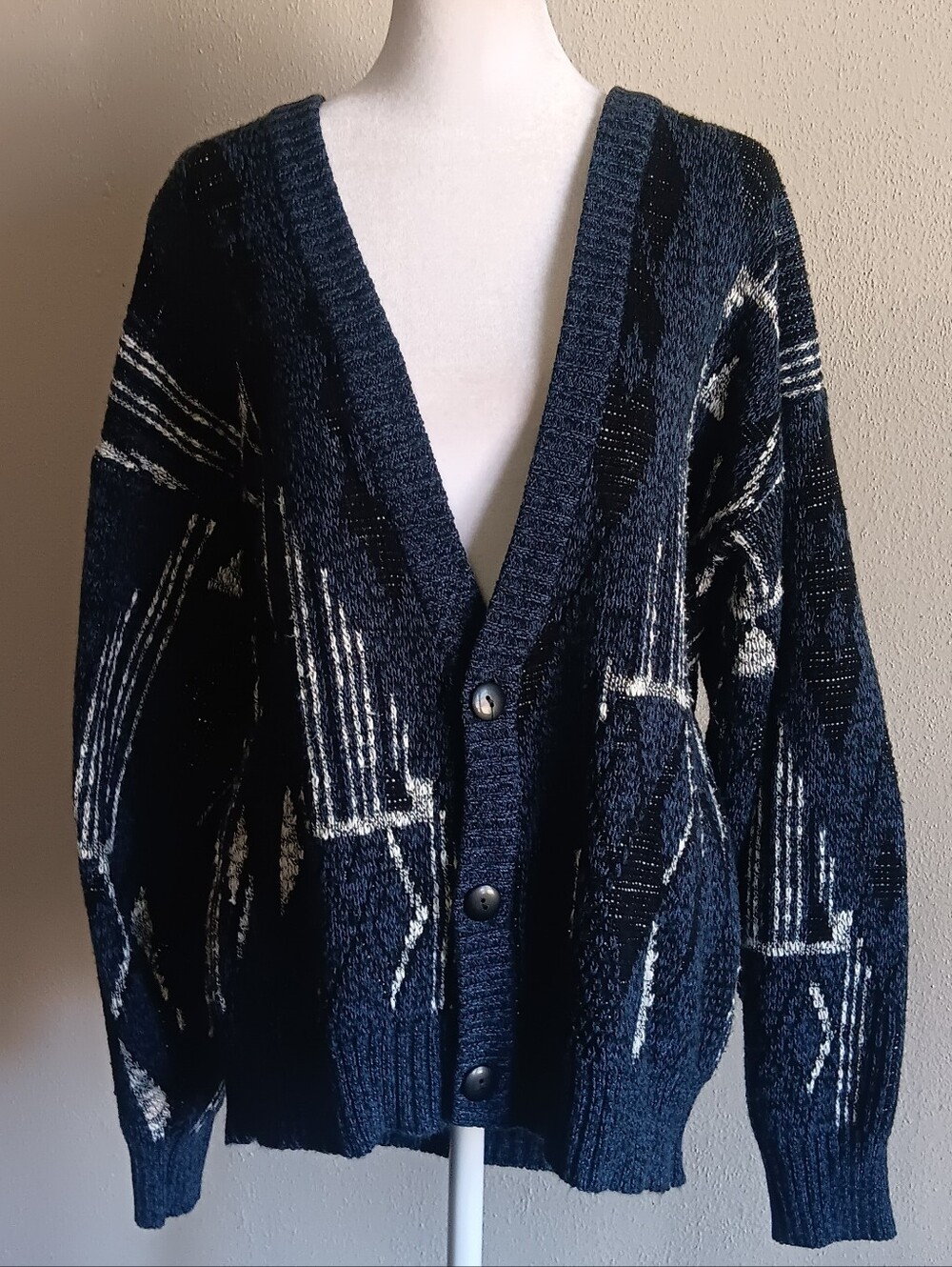 VTG Mens Navy Abstract Grandpa Dad Button Up Cardigan Sweater Mens Medium